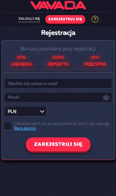 Ekran logowania do konta Vavada Casino - formularz email i hasło